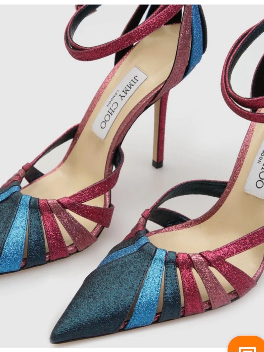 Jimmy Choo Glitter Pointed Toe Strappy Heels in Burgundy and Teal